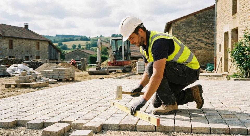 Gros plan d'un chantier de terrassement ext&eacute;rieur montrant un ouvrier en &eacute;quipement de s&eacute;curit&eacute; (gilet, casque) travaillant m&eacute;thodiquement avec des outils ou de la machinerie l&eacute;g&egrave;re, pr&eacute;parant ou am&eacute;nageant un terrain. L'image doit capturer le s&eacute;rieux et la pr&eacute;cision du travail, avec une attention particuli&egrave;re au d&eacute;tail et &agrave; la qualit&eacute; de l'ex&eacute;cution. L'environnement doit &ecirc;tre un chantier r&eacute;el, en ext&eacute;rieur, refl&eacute;tant les travaux d'am&eacute;nagement de cours ou de terrassement g&eacute;n&eacute;ral.