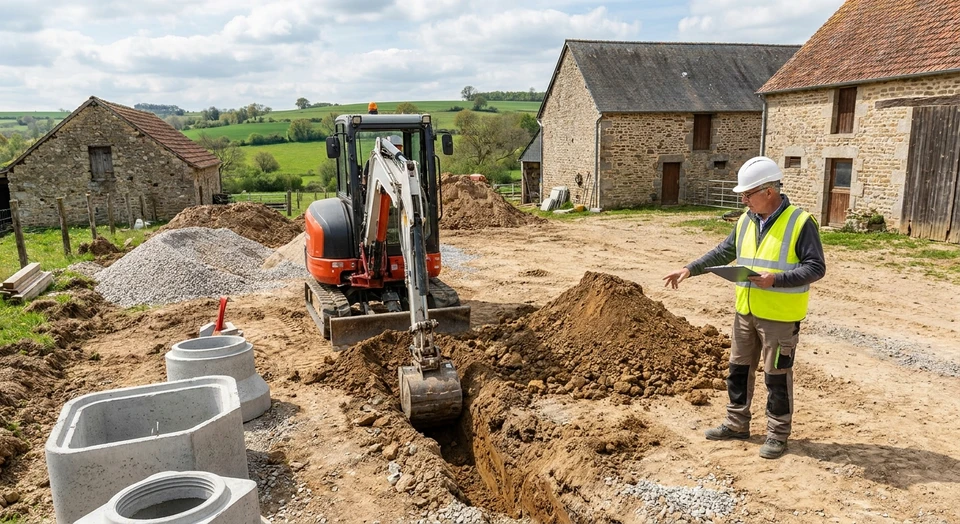 Photographie d'un chantier de terrassement en cours d'ex&eacute;cution montrant une mini-pelle ou pelleteuse en action dans une cour ou terrain, avec un ouvrier superviseur en tenue professionnelle &agrave; proximit&eacute;, illustrant les travaux d'am&eacute;nagement et terrassement. L'image doit capturer l'&eacute;quipement, le savoir-faire professionnel et l'environnement r&eacute;el d'un chantier de terrassement artisanal.