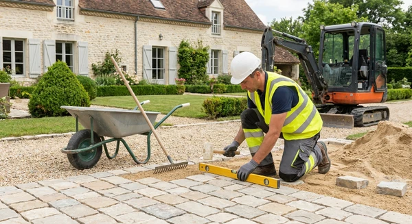Chantier d'am&eacute;nagement ext&eacute;rieur montrant un artisan en &eacute;quipement de s&eacute;curit&eacute; posant des pav&eacute;s ou dalles de pierre sur une cour r&eacute;sidentielle, avec outils de terrassement visibles et travaux en cours dans un environnement de propri&eacute;t&eacute; particuli&egrave;re.