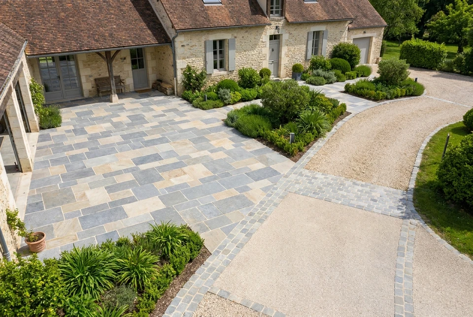 Photographie d'une cour résidentielle bien aménagée vue d'en haut, montrant une terrasse pavée avec dallages de pierre naturelle de couleur grise et beige, un dallage bien aligné et soigneusement posé, bordée par quelques plantes vertes et arbustes paysagers, avec une maison en arrière-plan et une allée carrossable en bon état. La scène doit transmettre robustesse, élégance, propreté et entretien soigné, en plein jour avec bon éclairage.