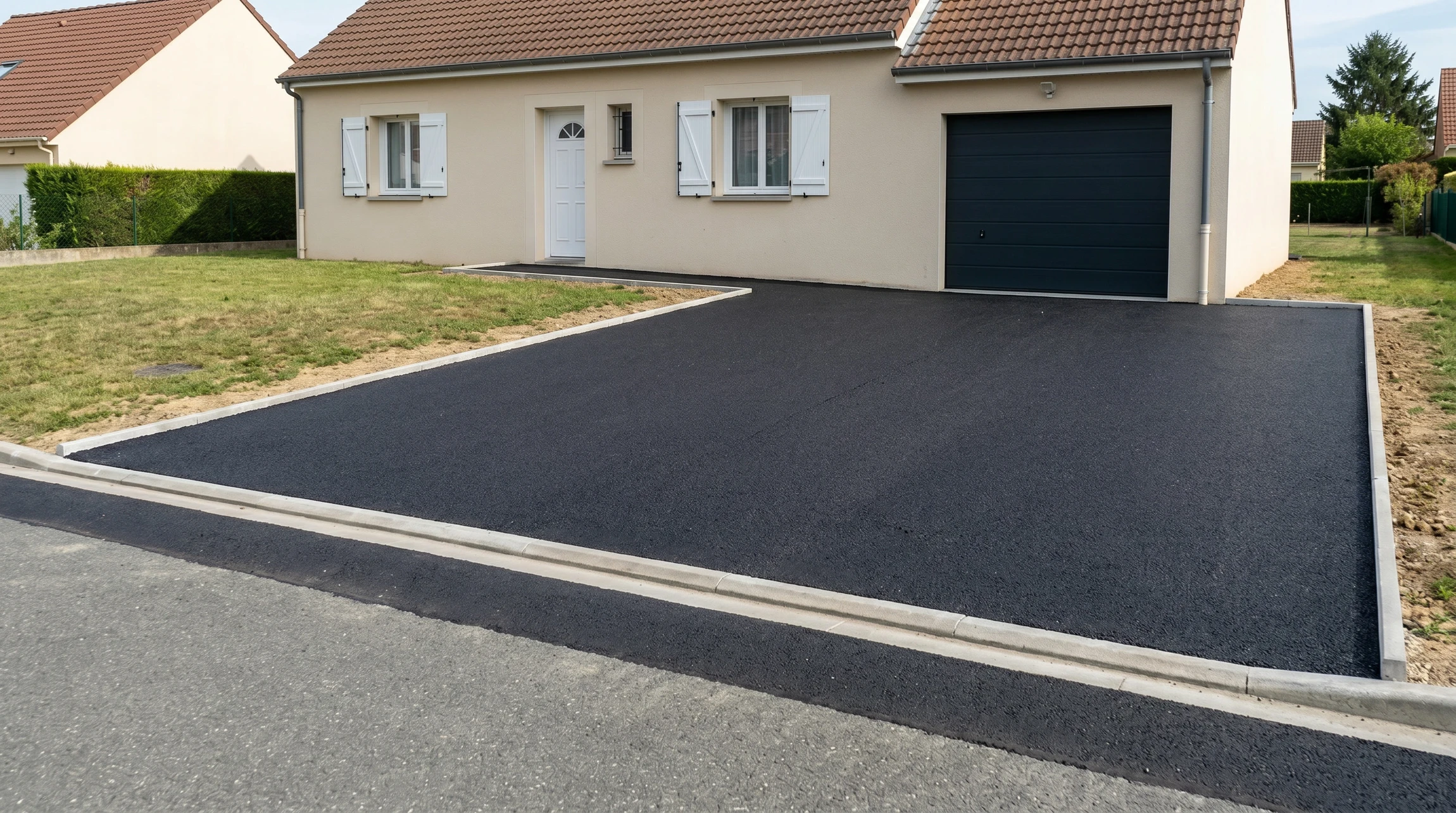 Scène extérieure sur chantier, ouvrier agenouillé appliquant un revêtement d'étanchéité bitumineux sur surface plane